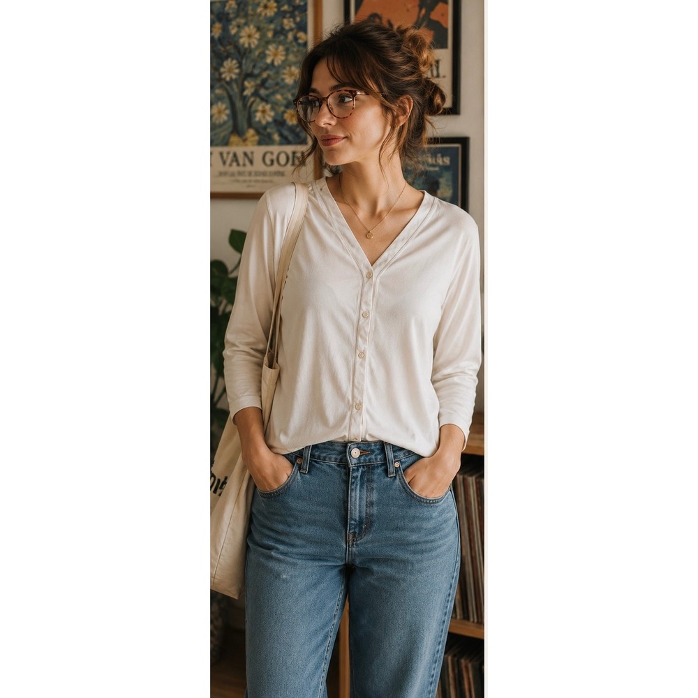 Sarah Spencer Cream Velour Button Front Cardigan Top 3/4 Sleeve Large Vintage